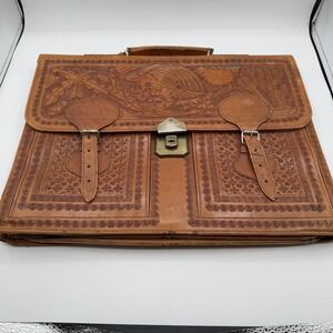 Vintage House of Uppenheim Tooled Leather Briefcase Brown Aztec Eagle Mexico Bag